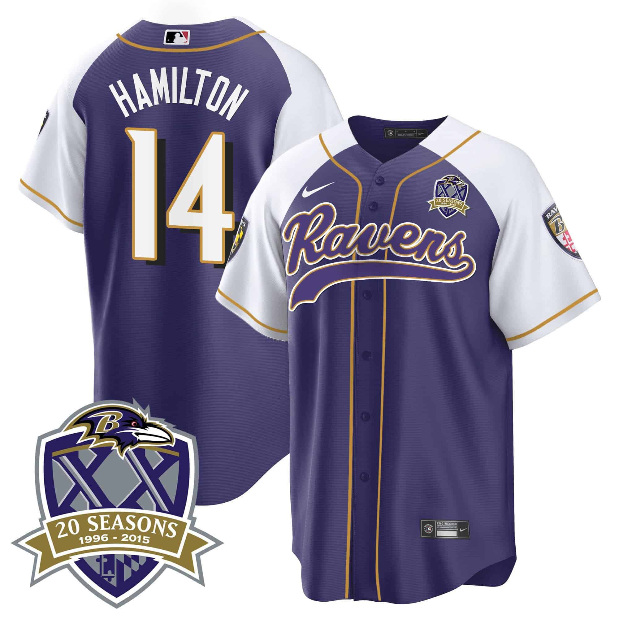 Men Baltimore Ravens #14 Hamilton Purple 2024 Nike 20th Season Patch Baseball NFL Jersey
